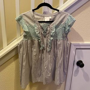 LC Teal Eyelet Embroidered Flutter Sleeve Grey Top